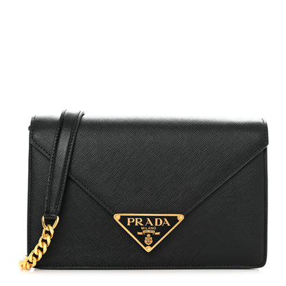 Prada Saffiano Lux Metal Triangle Logo Mini Envelope Chain Shoulder Bag Black 1 of 10