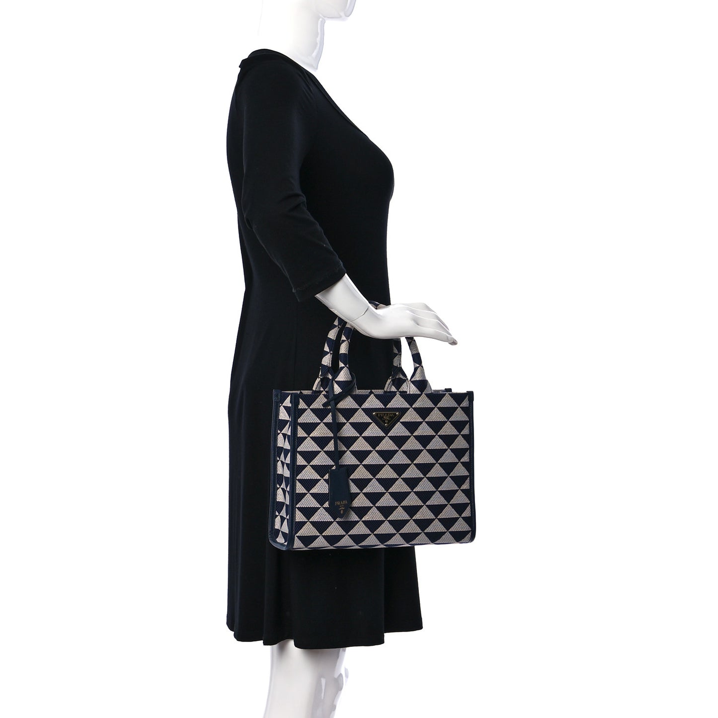 Jacquard Saffiano Triangolo Symbole Embroidered Small Tote Baltico Talco