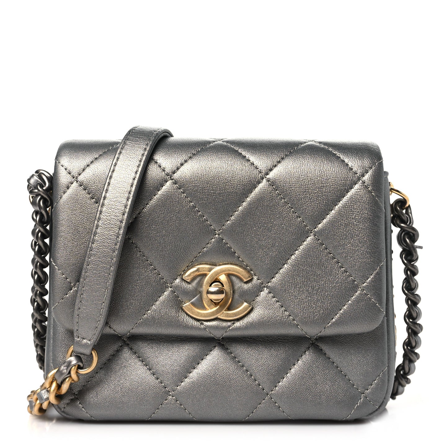 Metallic Lambskin Quilted Mini Side Note Flap Grey