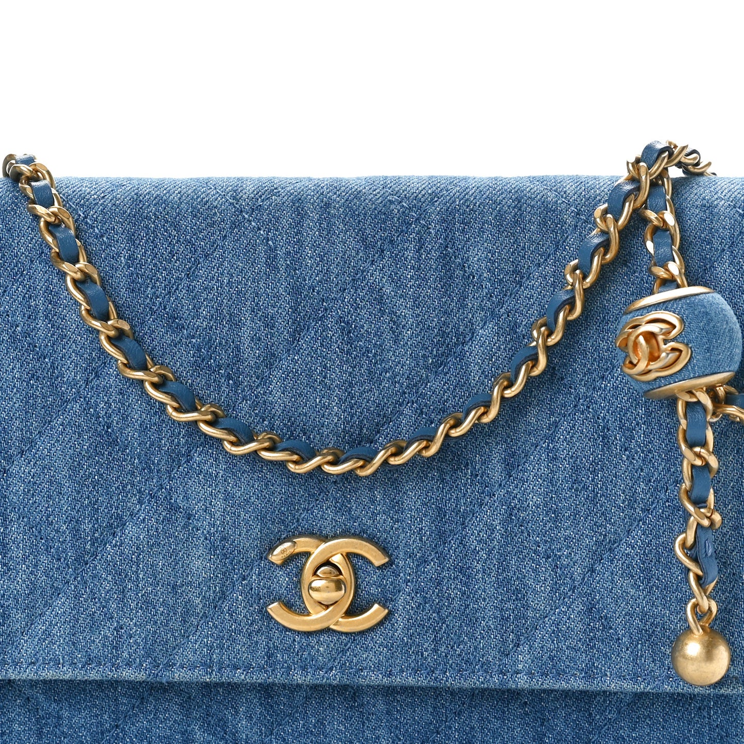 Denim Quilted CC Pearl Crush Wallet on Chain WOC Blue