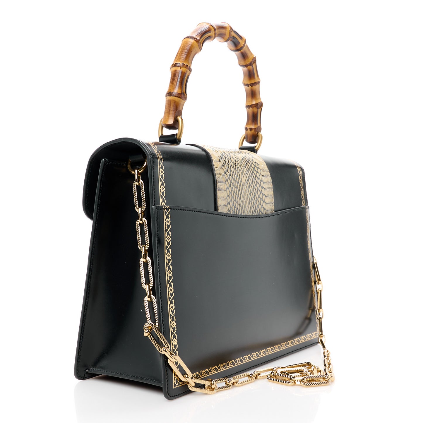 Glossy Calfskin Snakeskin Beetle Print Large Fox Broche Bamboo Top Handle Bag Black