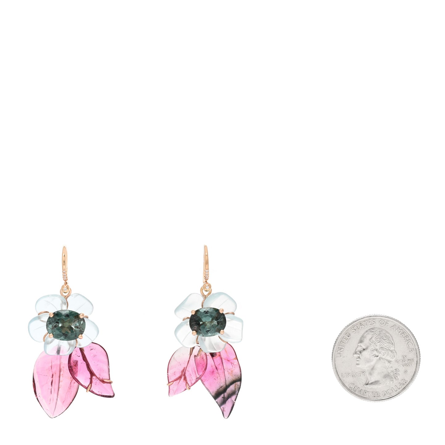 18K Rose Gold Diamond Tourmaline Aquamarine Tropical Flower Drop Earrings