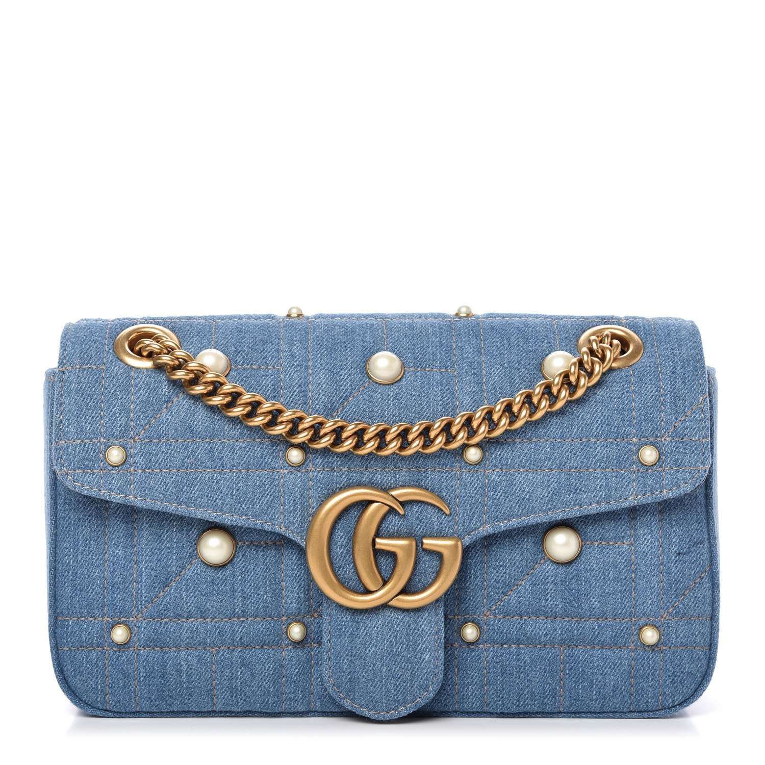 Gucci Denim Matelasse Pearl Studded Small GG Marmont Shoulder Bag Blue 1 of 10