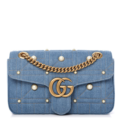 Gucci Denim Matelasse Pearl Studded Small GG Marmont Shoulder Bag Blue 1 of 10