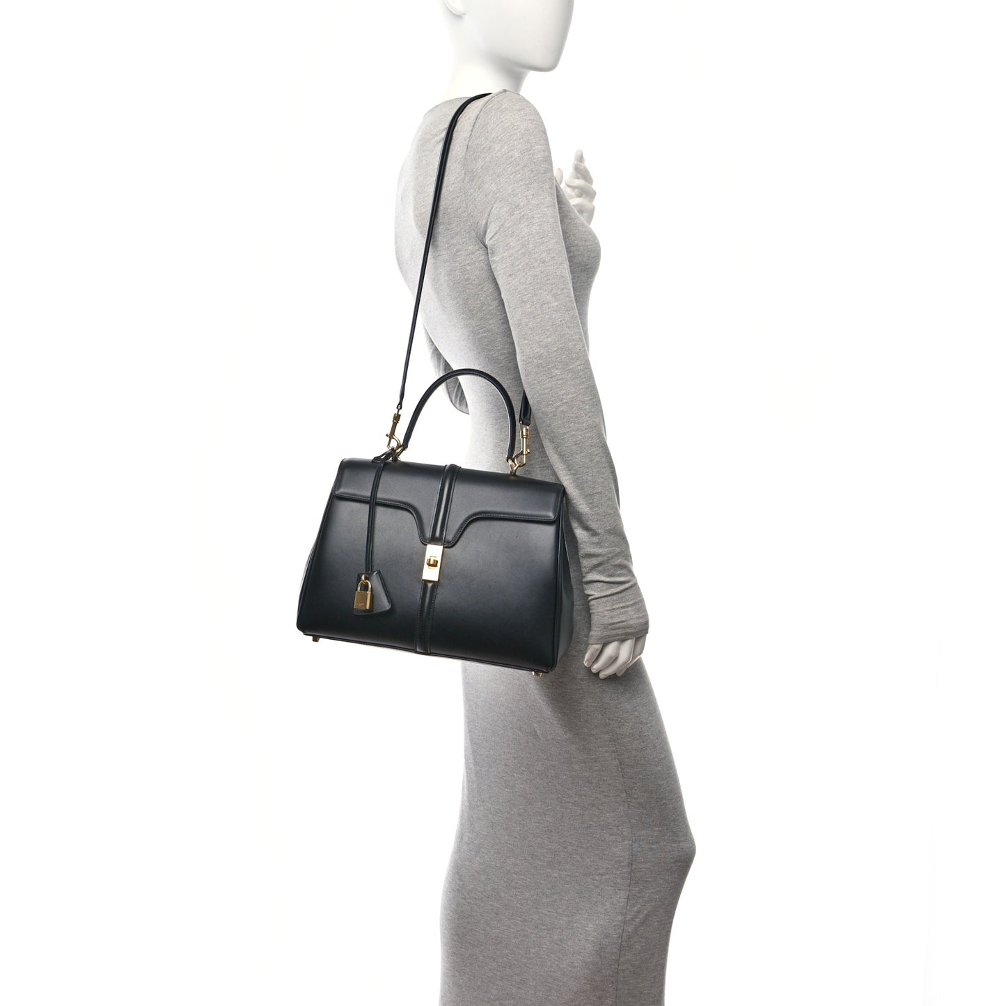 Satinated Calfskin Medium 16 Top Handle Bag Black