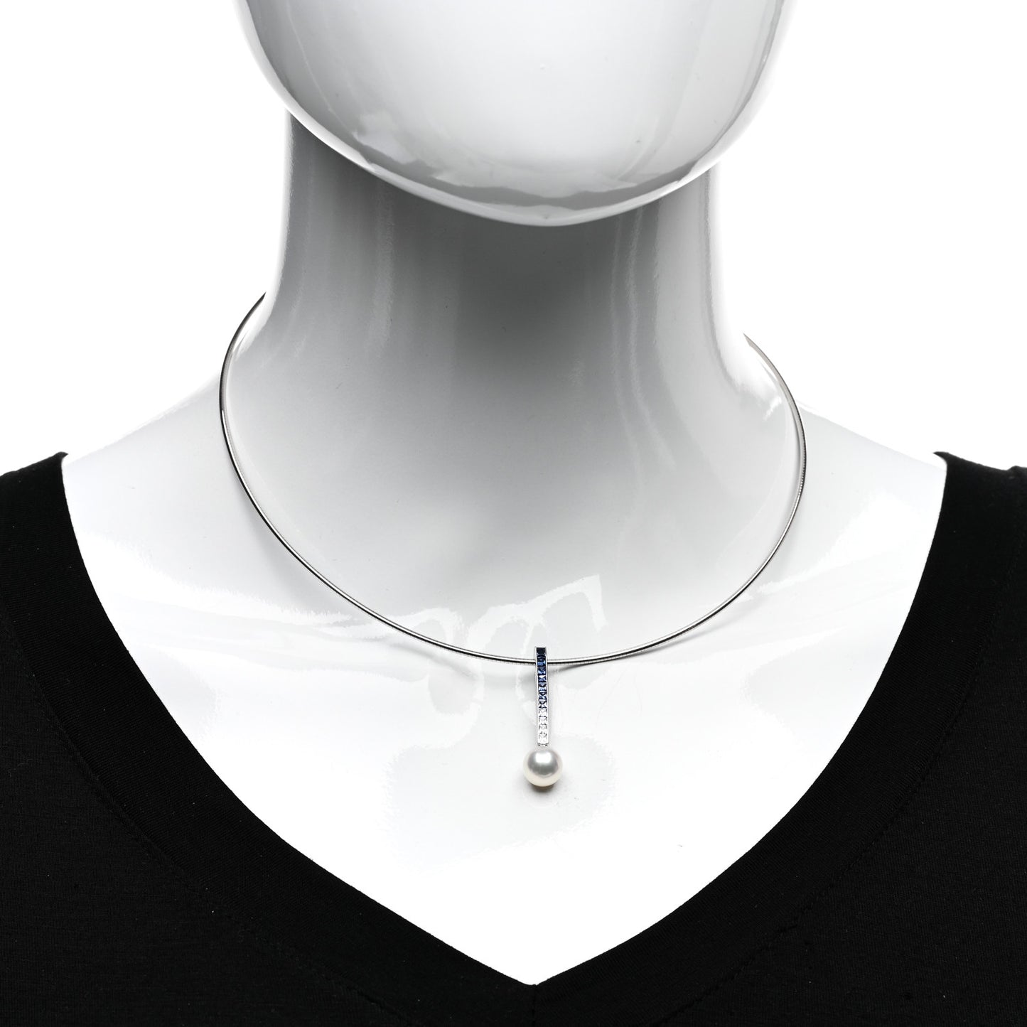 18K White Gold Blue Sapphire Akoya Pearl 8mm Ocean Pendant Necklace