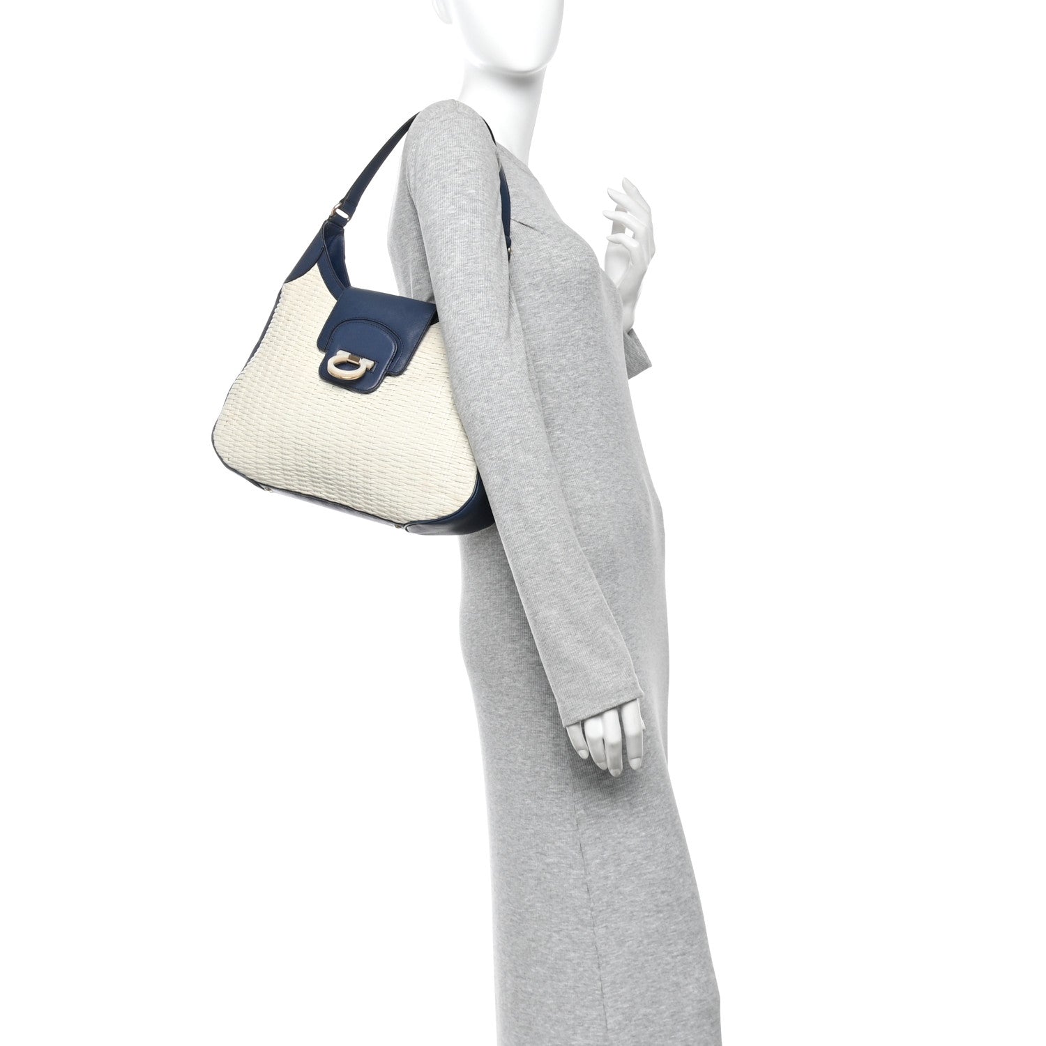 Salvatore Ferragamo Woven Calfskin Gancini Hobo Blue White 2 of 9