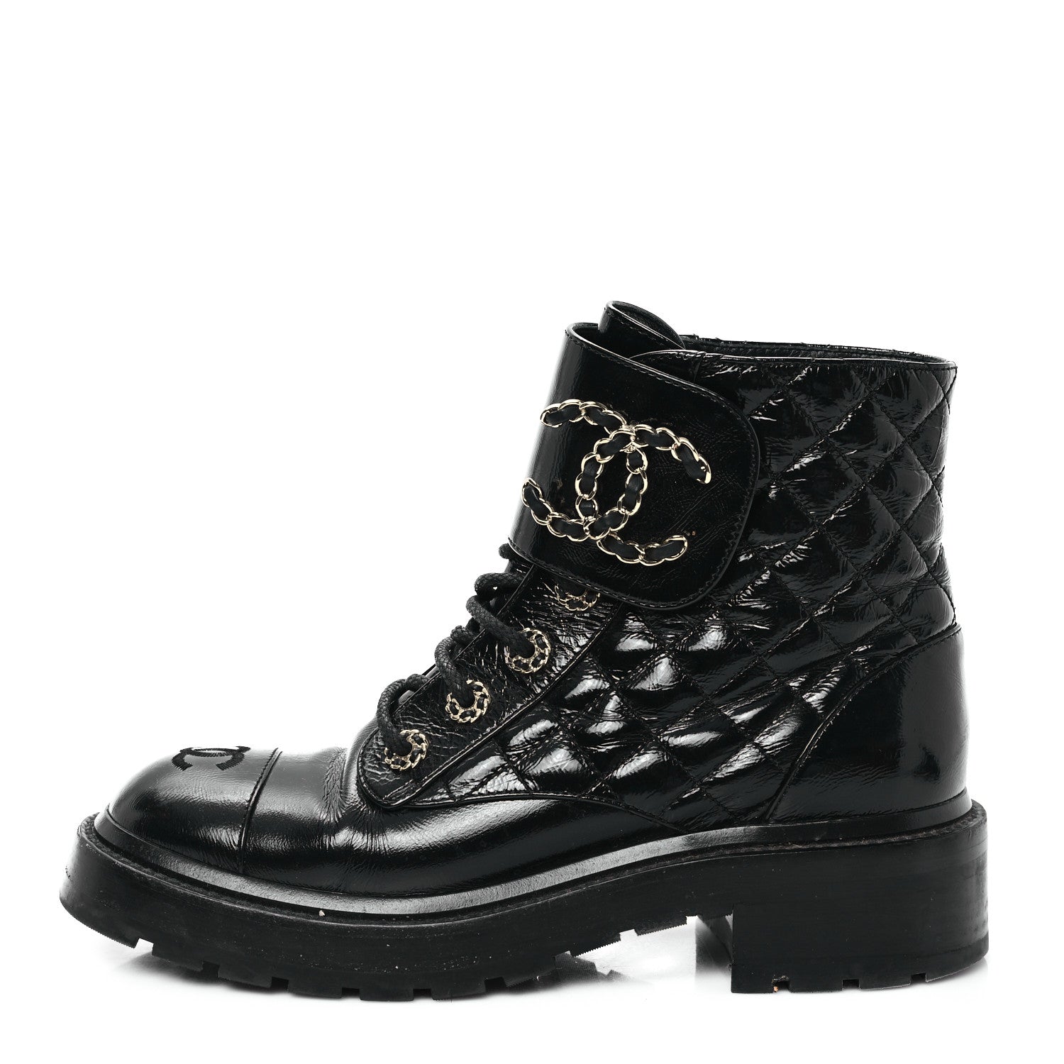 Chanel Shiny Goatskin Calfskin Quilted Lace Up Combat Boots 37 Black 1 of 10