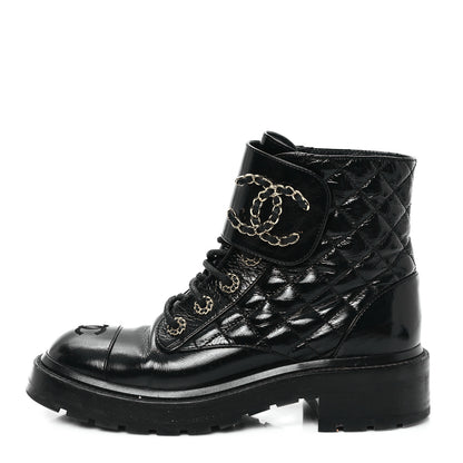 Chanel Shiny Goatskin Calfskin Quilted Lace Up Combat Boots 37 Black 1 of 10