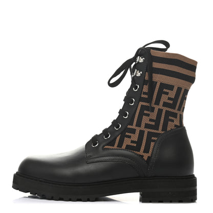 Fendi Vitello Jersey Fabric FF Mens Biker Boots 8 Black Tobacco 1 of 6