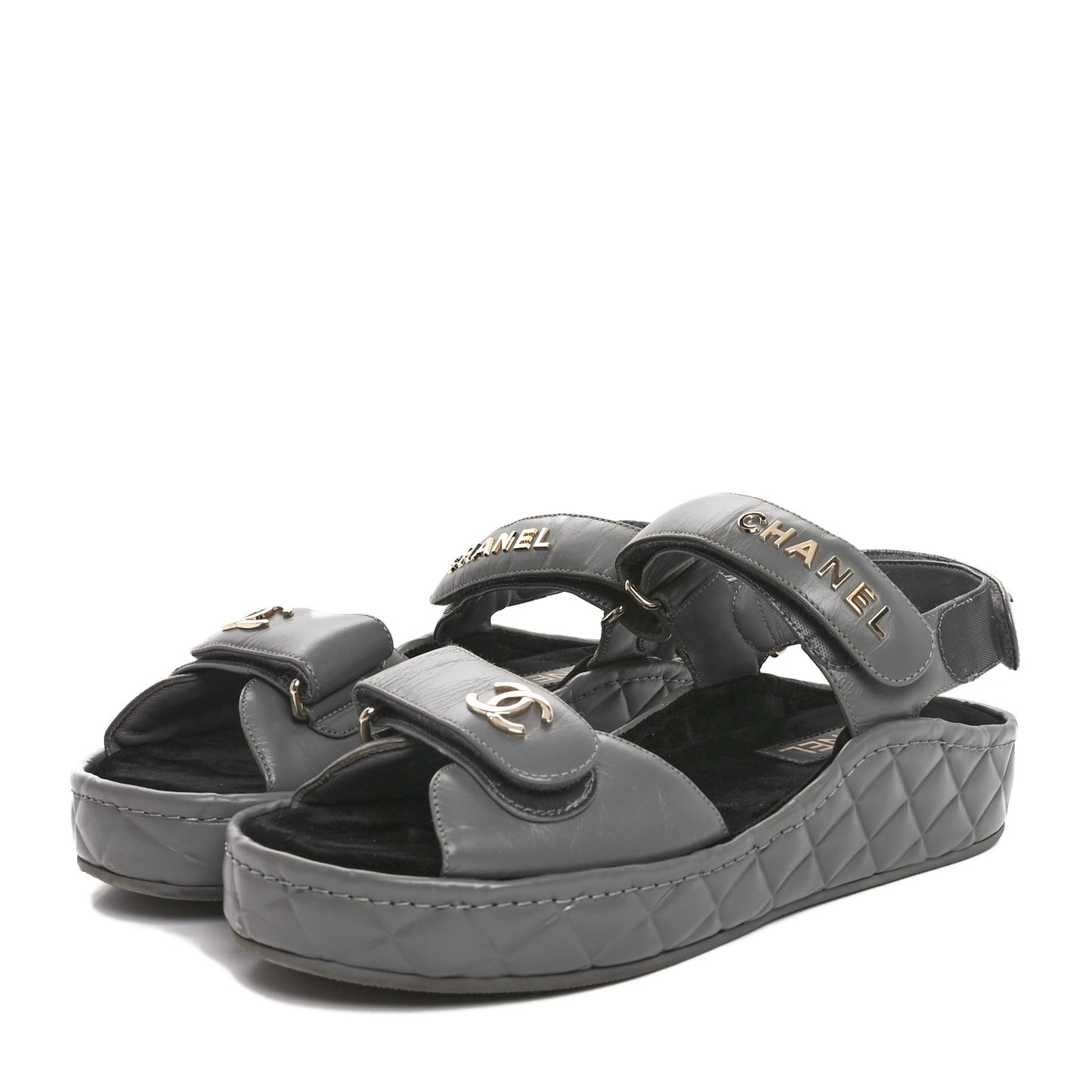 Shiny Calfskin Logo Platform Sandals 38 Grey