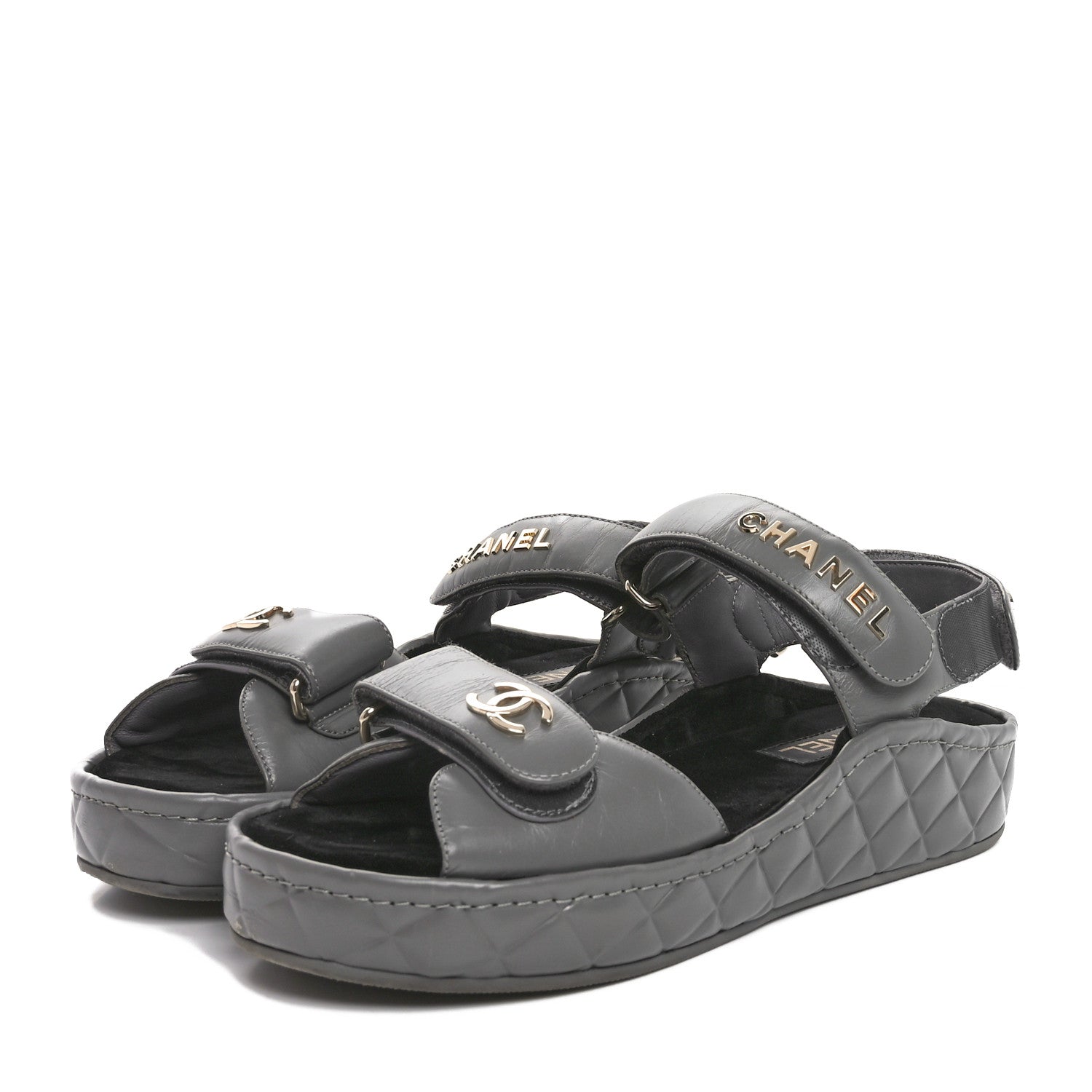 Chanel Shiny Calfskin Logo Platform Sandals 38 Grey 4 of 10