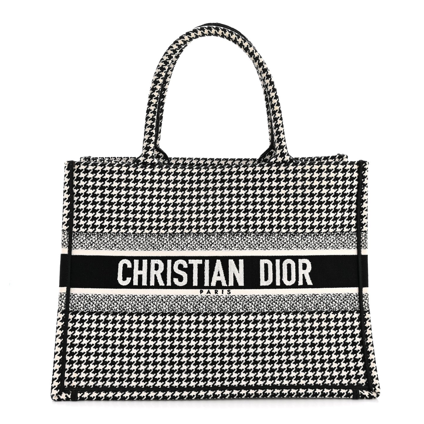 Canvas Houndstooth Embroidered Medium Book Tote Black White