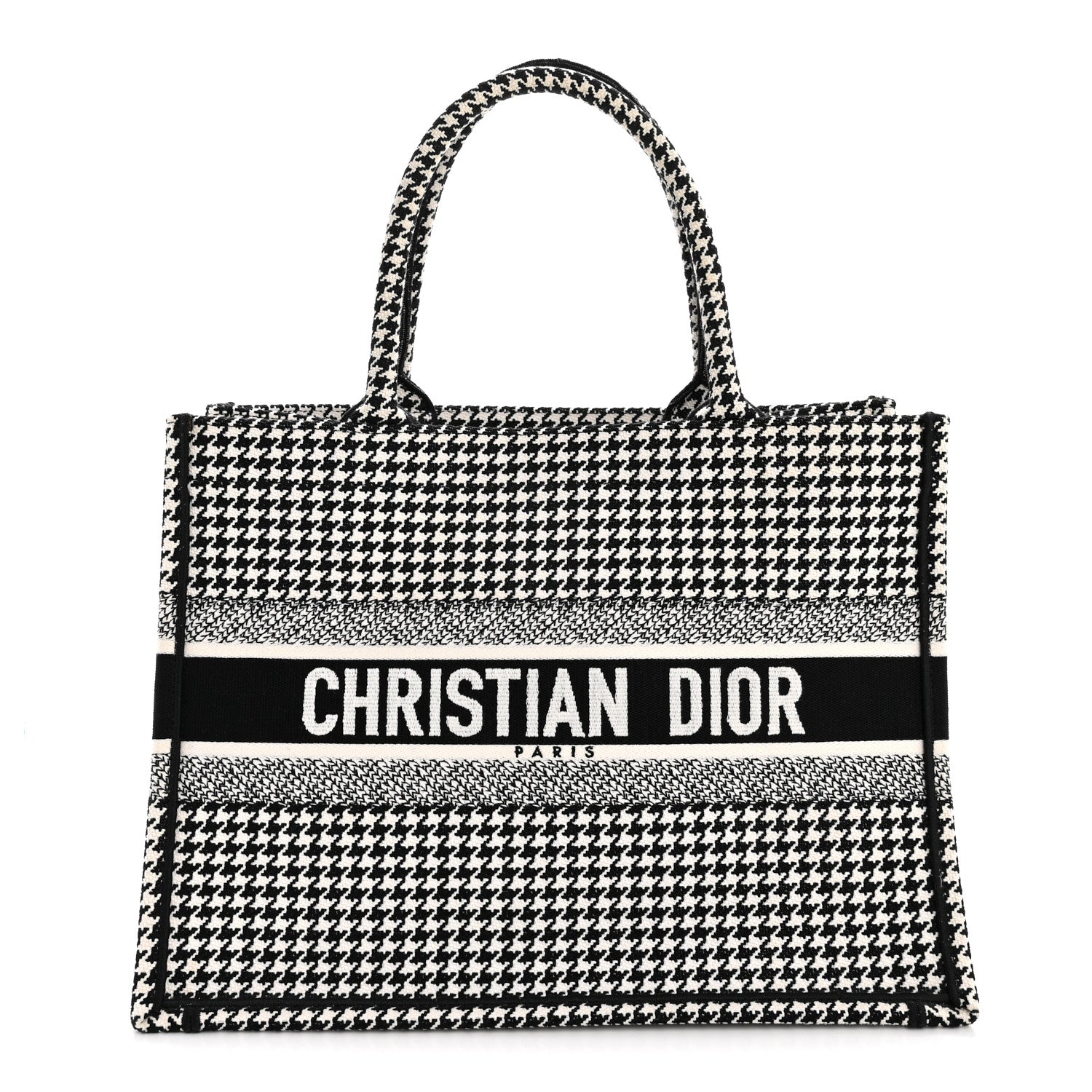 Christian Dior Canvas Houndstooth Embroidered Medium Book Tote Black White 1 of 13