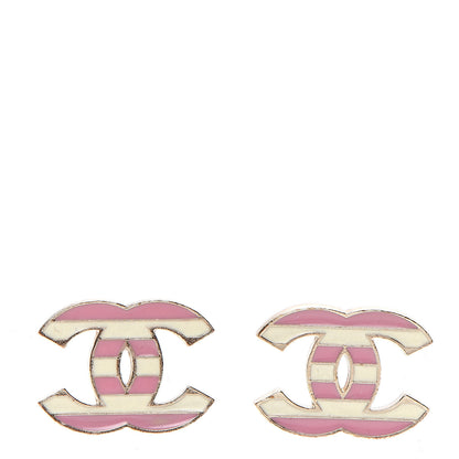 Chanel Enamel Striped CC Earrings Pink White Gold 1 of 5