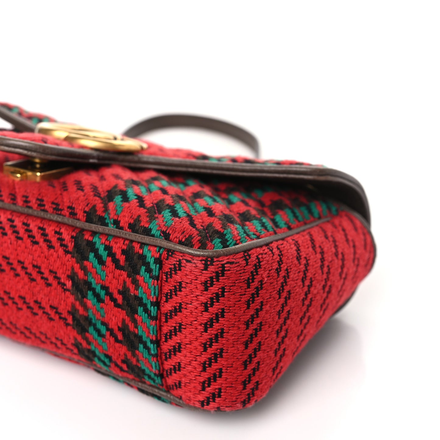 Wool Tweed Textured Dollar Calfskin Matelasse Diagonal Plaid Small GG Marmont Shoulder Bag Red Green Multicolor New Acero