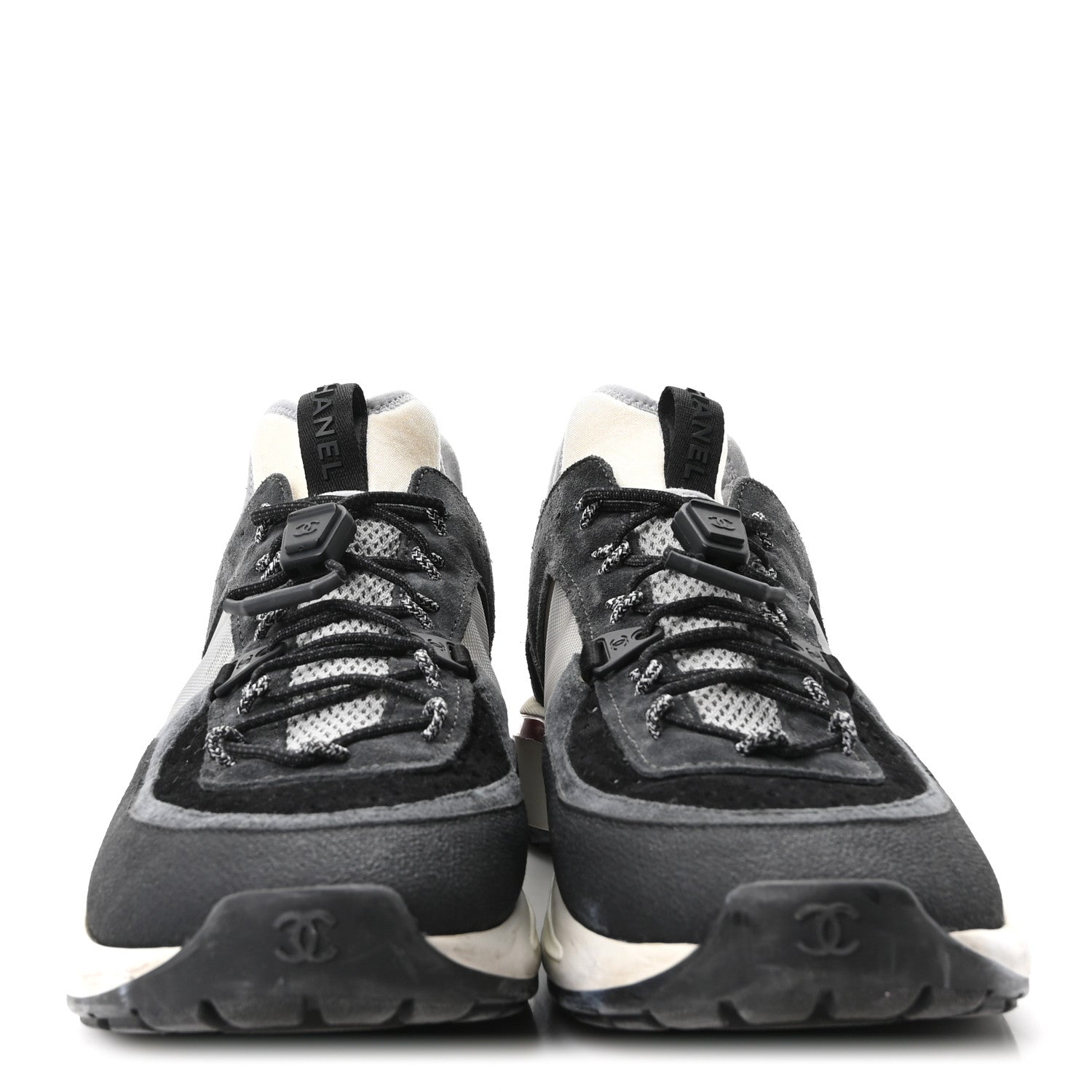 Chanel Fabric Suede Calfskin Mesh Womens CC Sneakers 40.5 Black Dark Grey White Light Grey 3 of 8