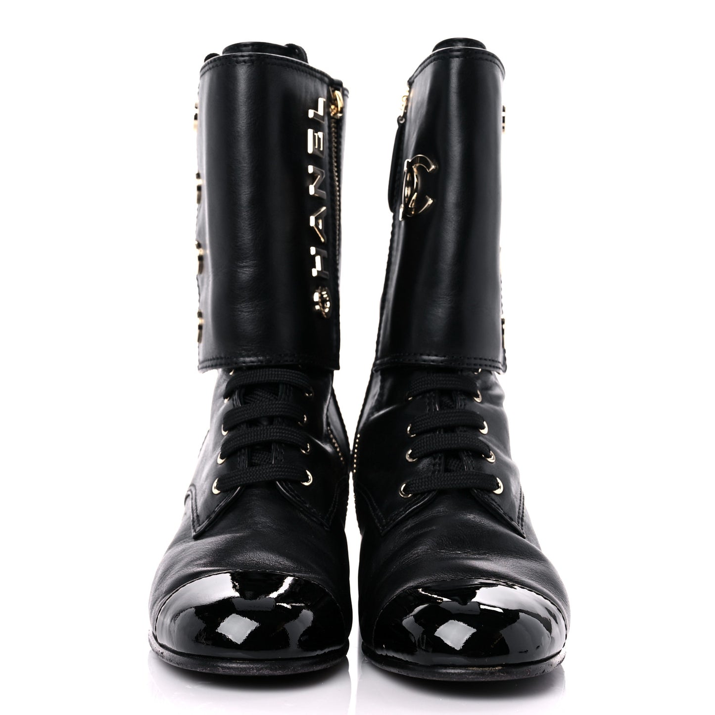Calfskin Patent Cap Toe Boots 38.5 Black