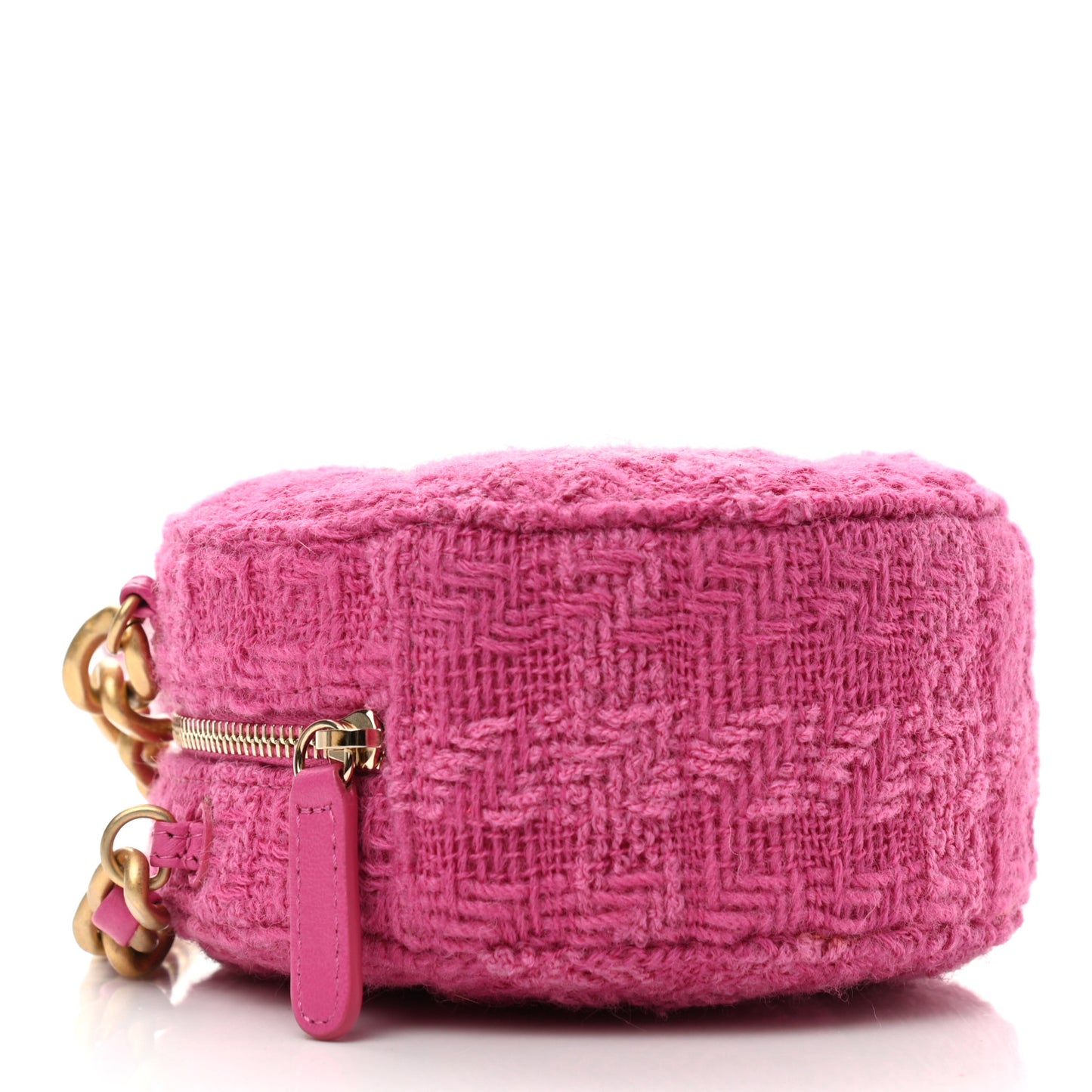 Wool Tweed Lambskin Quilted Chanel 19 Round Clutch With Chain and Coin Purse Fuchsia
