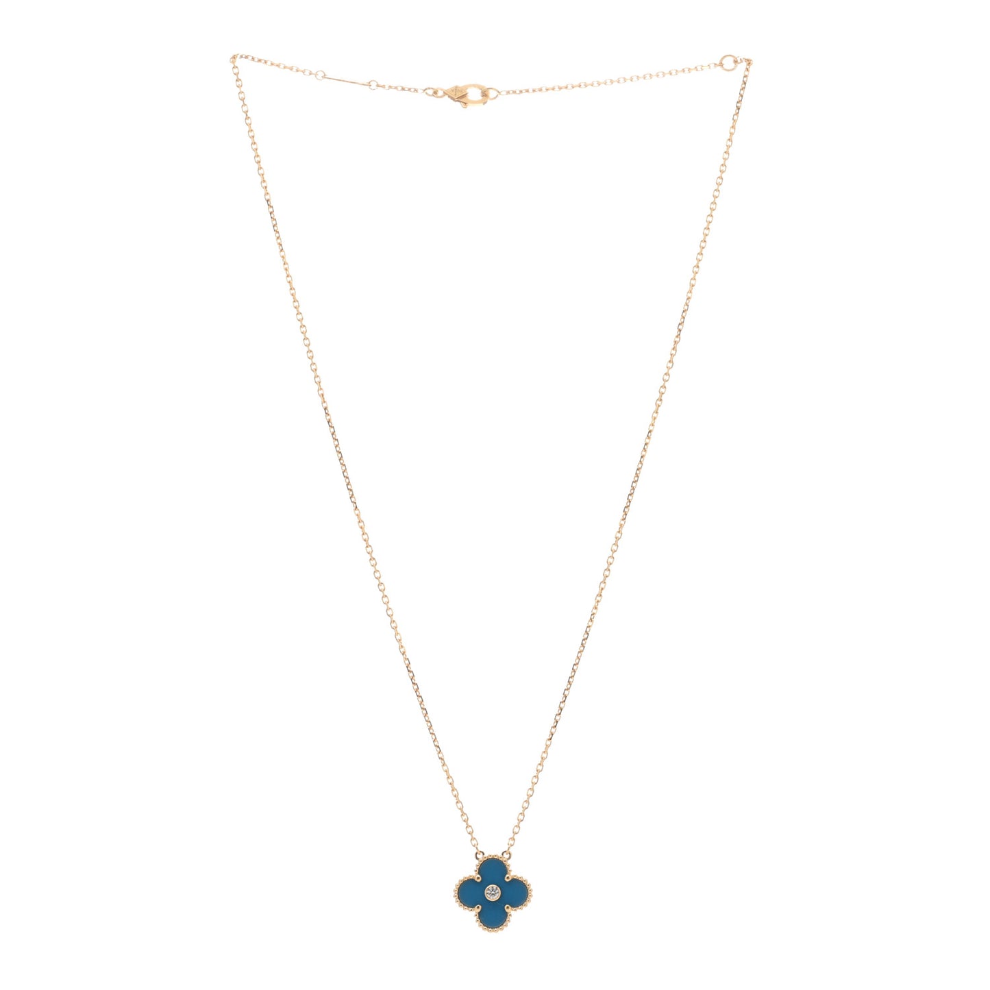 18K Yellow Gold Diamond Celestial Blue Sevres Porcelain Vintage Alhambra Pendant Necklace