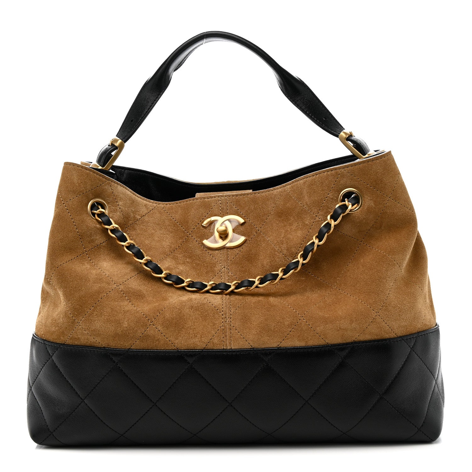 Chanel Suede Calfskin Shiny Lambskin Quilted Small Coco Base Shopping Bag Beige Black 1 of 11