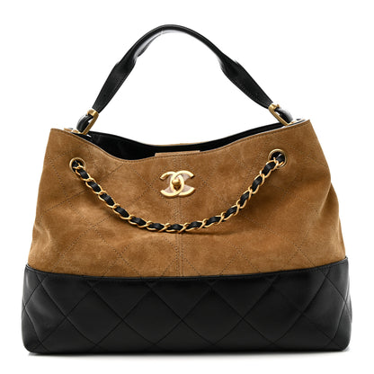 Chanel Suede Calfskin Shiny Lambskin Quilted Small Coco Base Shopping Bag Beige Black 1 of 11