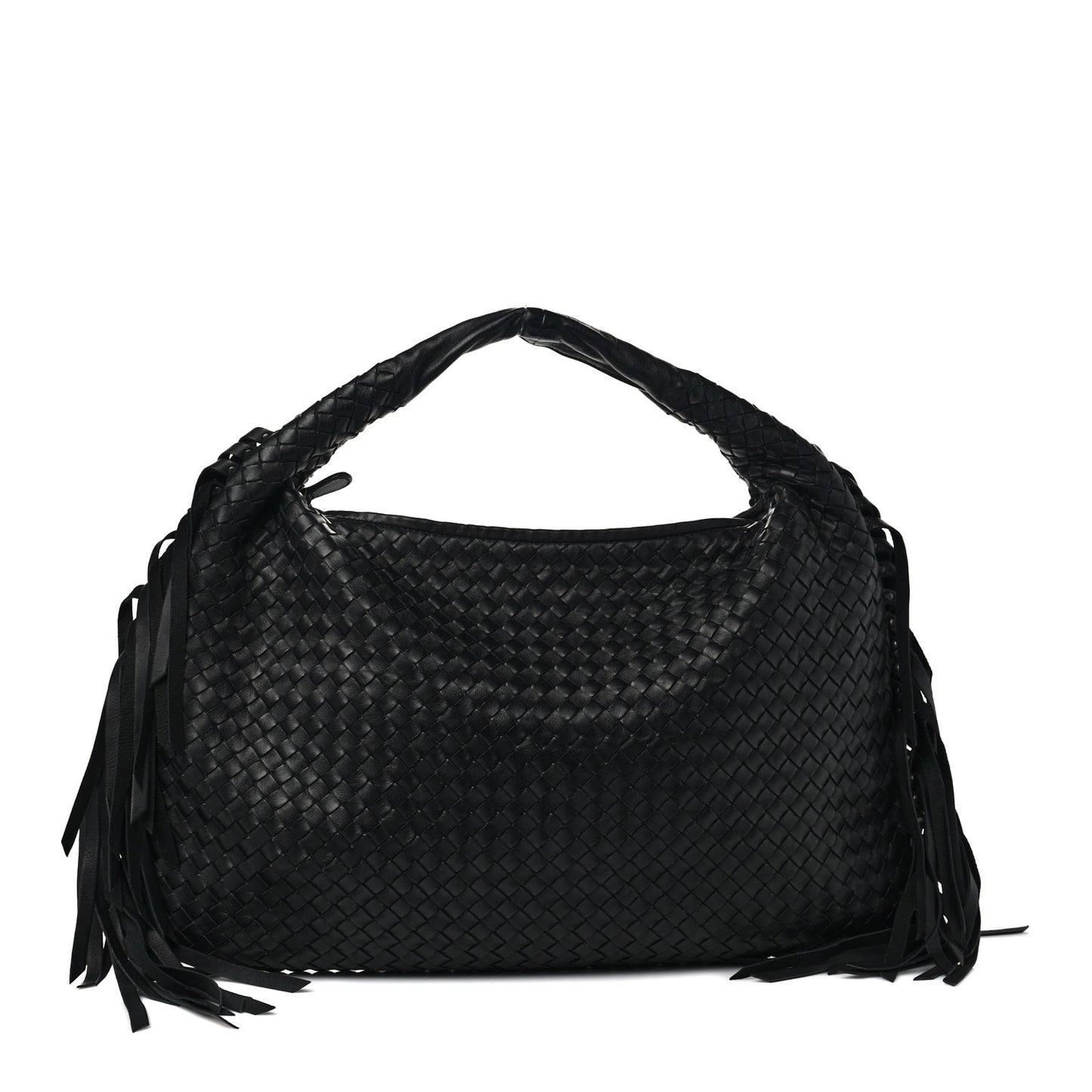 Nappa Intrecciato Veneta Large Fringed Hobo Black