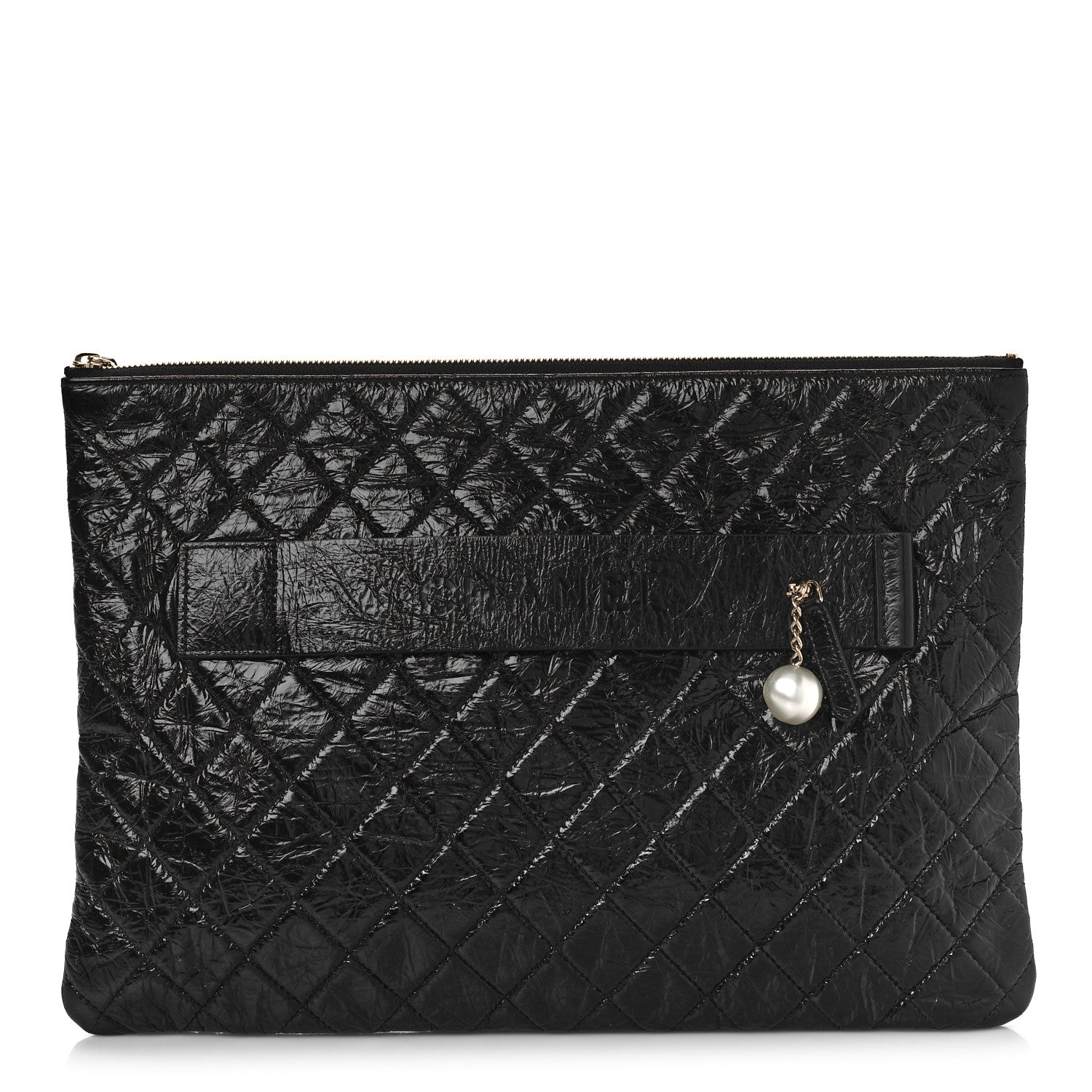 Chanel Shiny Crumpled Calfskin Quilted Medium Night by the C Pouch Clutch Black 1 of 10