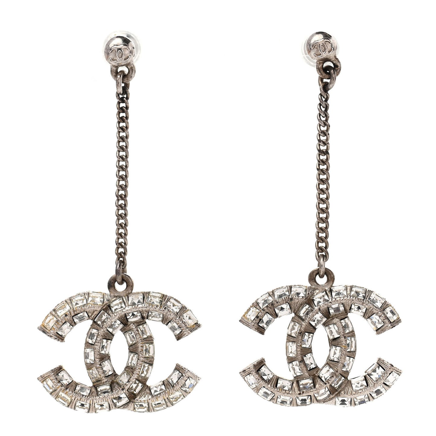 Baguette Crystal CC Drop Earrings Silver