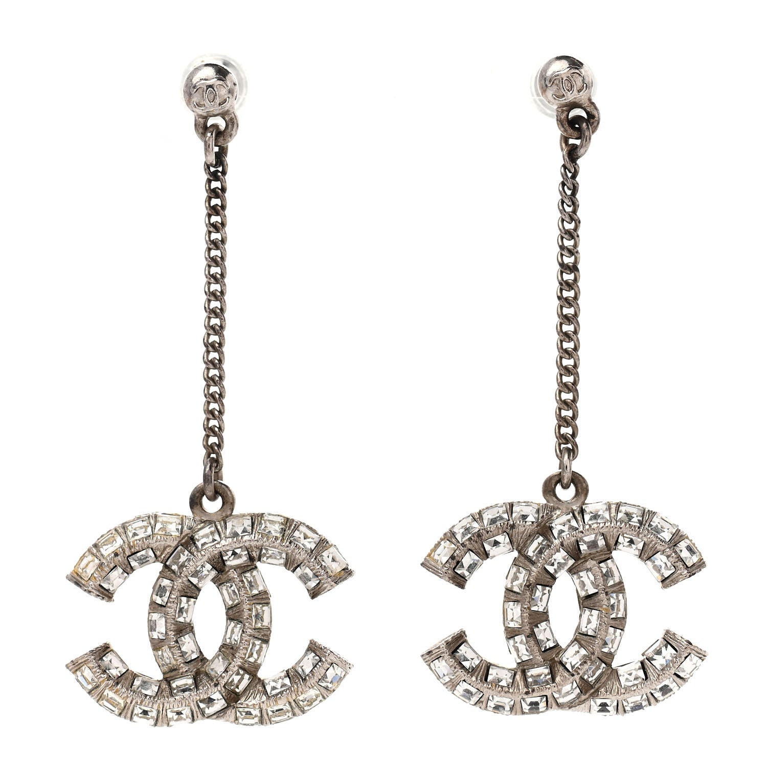 Chanel Baguette Crystal CC Drop Earrings Silver 1 of 5