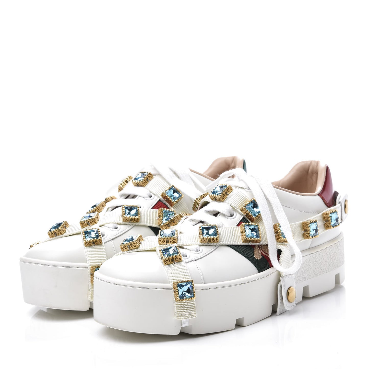 Calfskin Removable Crystals Bee Embroidered Ace Platform Sneakers 36 White