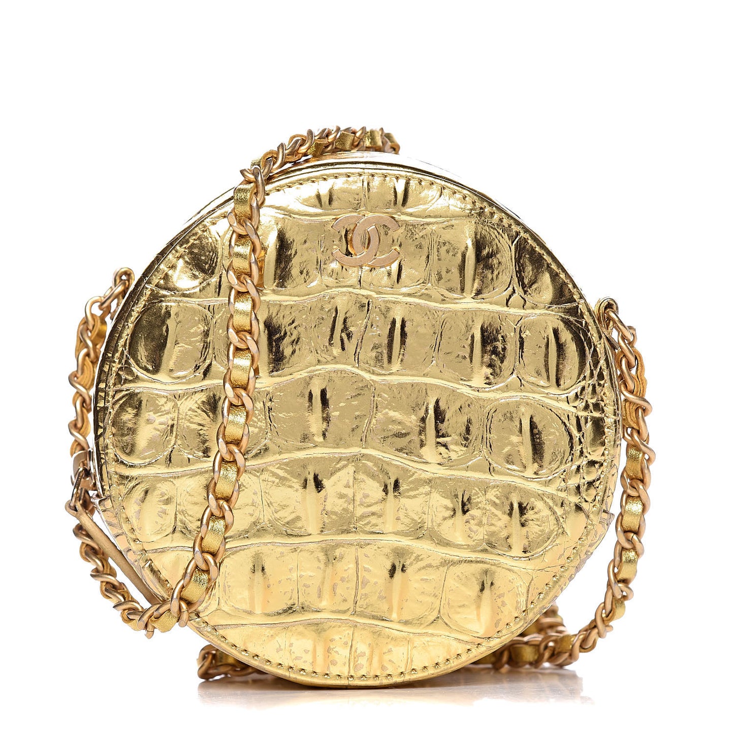 Metallic Calfskin Crocodile Embossed Cocodile Round Clutch with Chain Gold