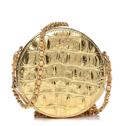 Chanel Metallic Calfskin Crocodile Embossed Cocodile Round Clutch with Chain Gold 1 of 10