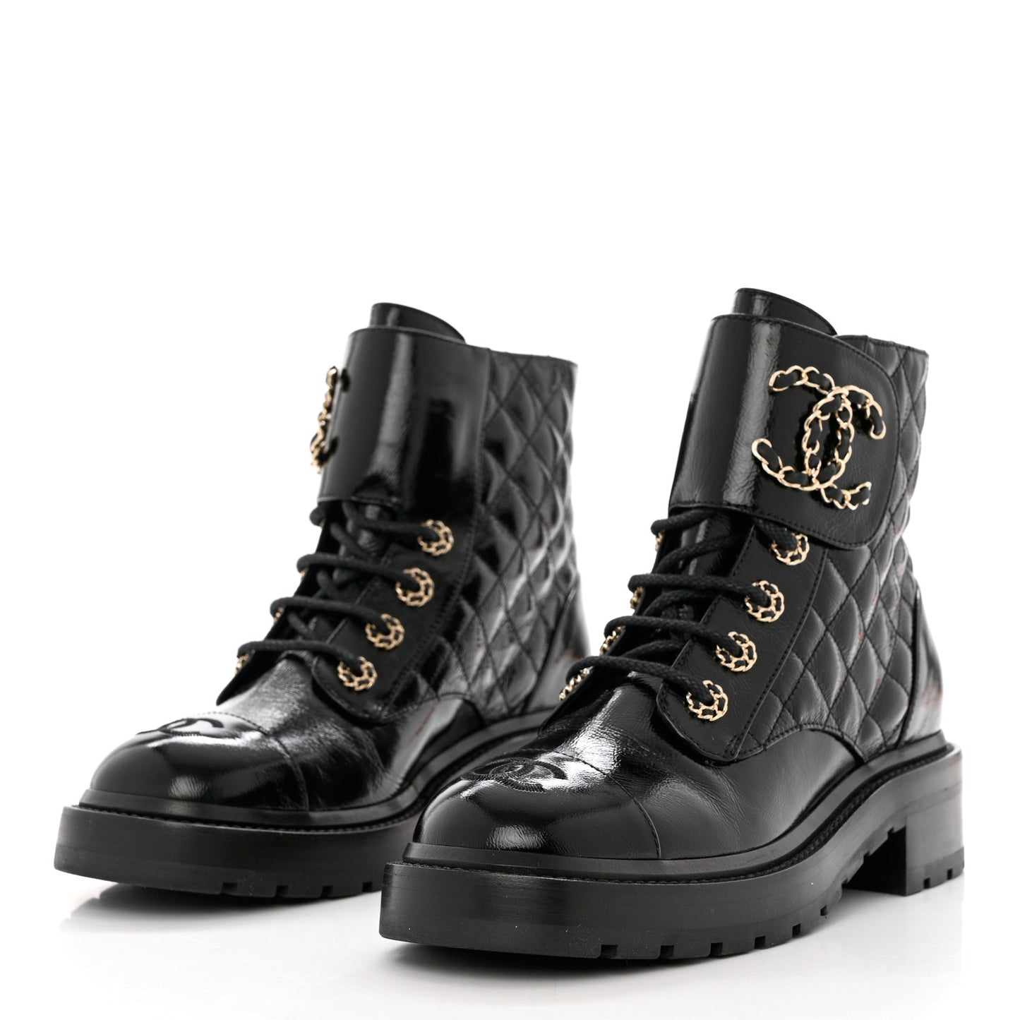Shiny Calfskin Quilted Lace Up Combat Boots 36.5 Black