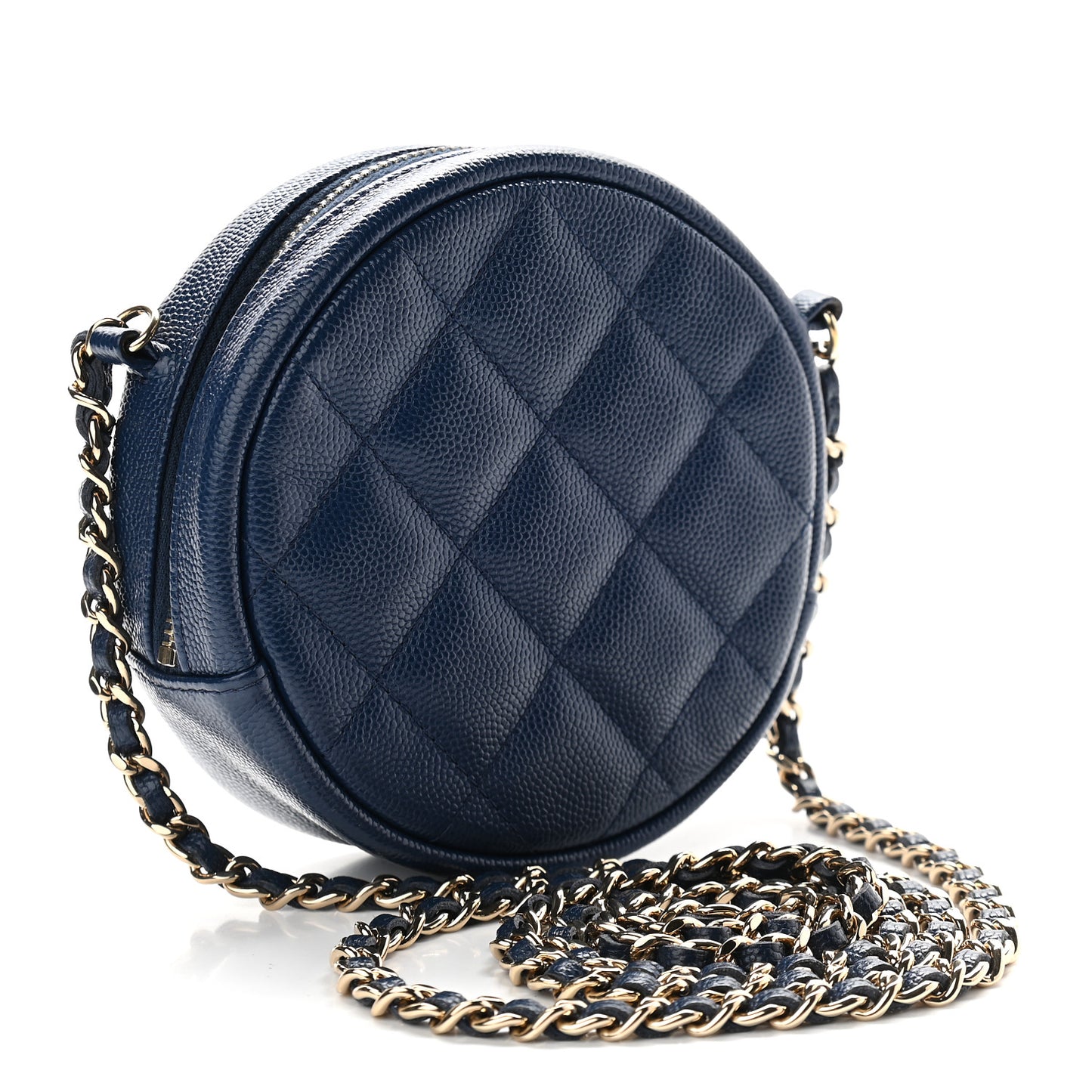 Caviar Quilted Round Clutch With Chain Navy
