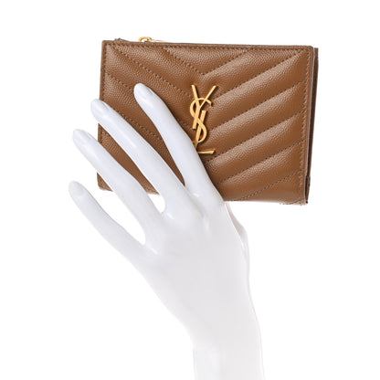 Saint Laurent Grain De Poudre Matelasse Chevron Monogram Zipped Card Case Natural Dark 2 of 7