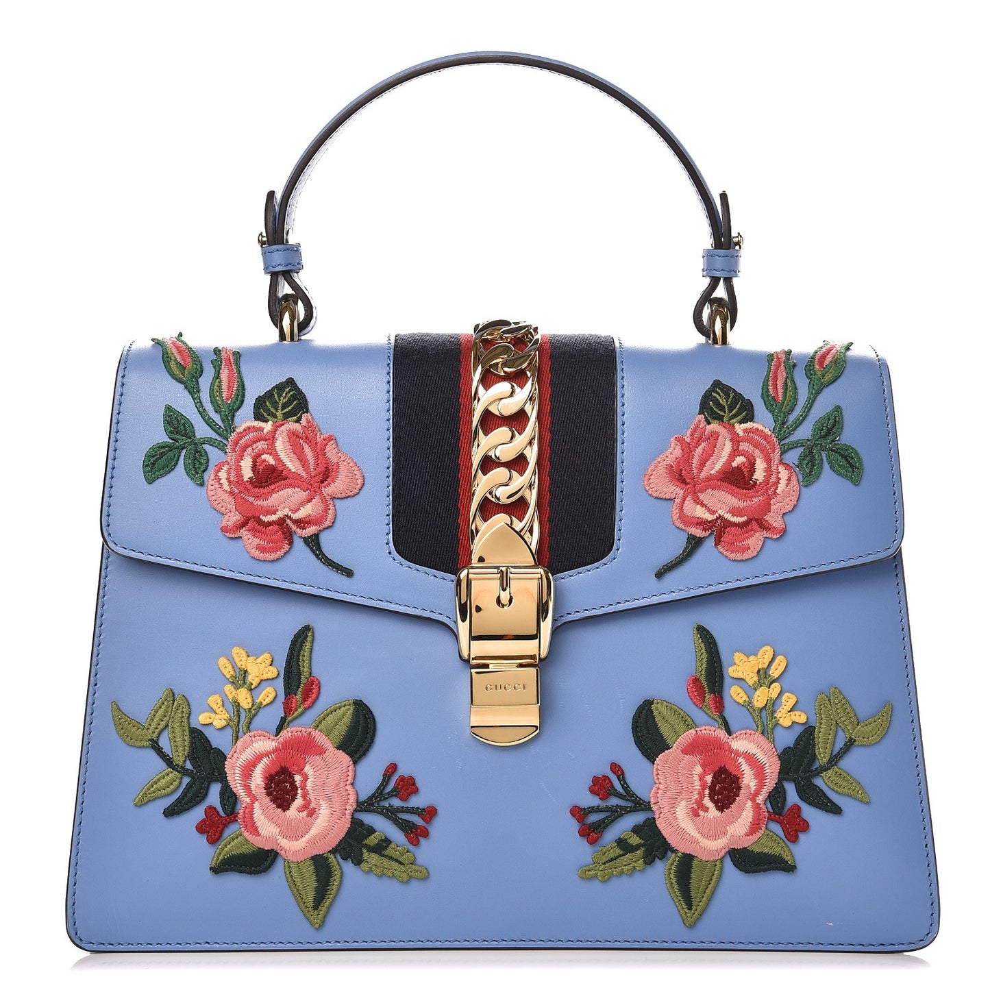 Calfskin Embroidered Medium Sylvie Top Handle Bag Clear Sky Blue
