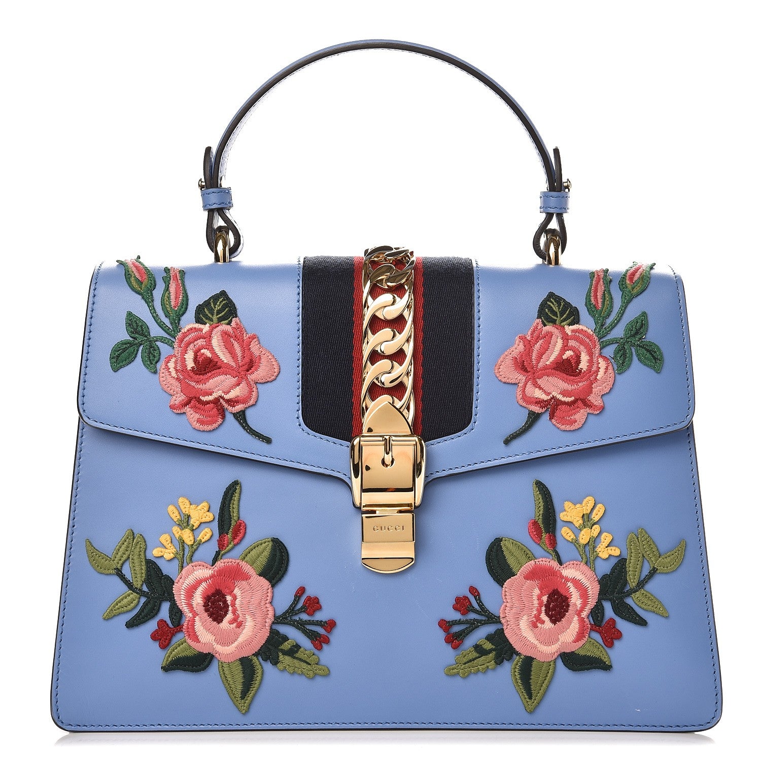 Gucci Calfskin Embroidered Medium Sylvie Top Handle Bag Clear Sky Blue 1 of 8