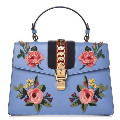 Gucci Calfskin Embroidered Medium Sylvie Top Handle Bag Clear Sky Blue 1 of 8