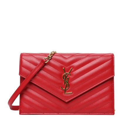Saint Laurent Grain De Poudre Matelasse Chevron Monogram Envelope Chain Wallet New Red 1 of 6