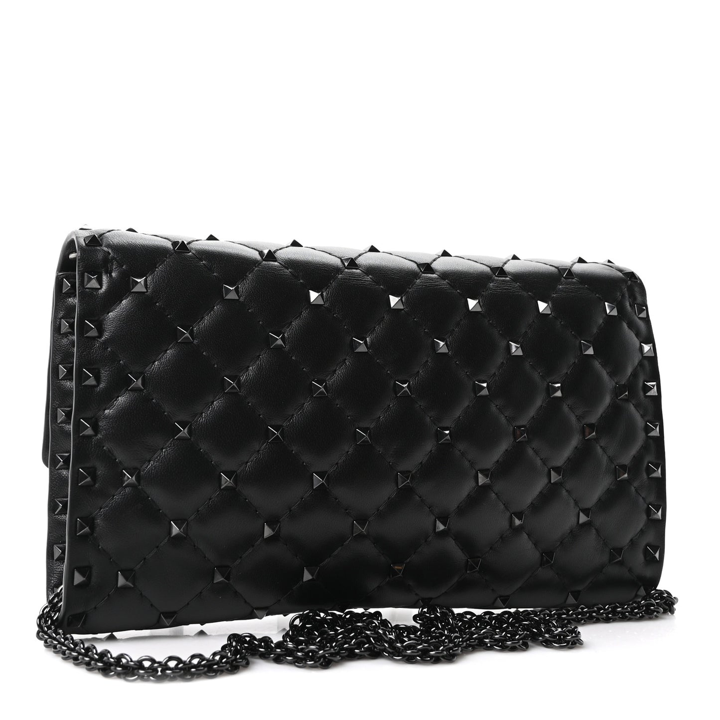 Lambskin Rockstud Spike Wallet on Chain Black
