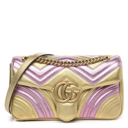 Gucci Metallic Calfskin Matelasse Small GG Marmont Shoulder Bag Gold Pink 1 of 10
