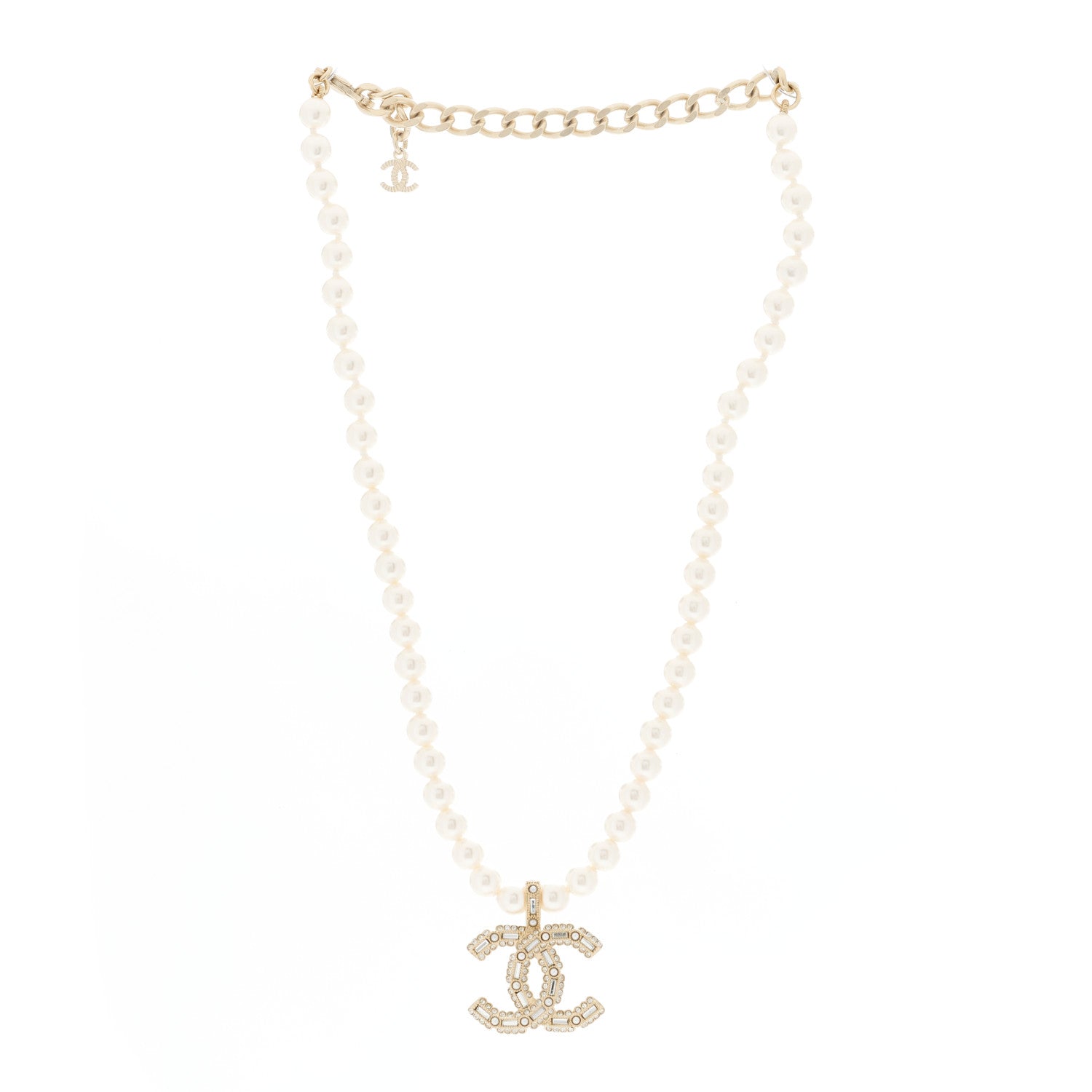 Chanel Pearl Crystal Baguette CC Short Necklace Gold 3 of 6