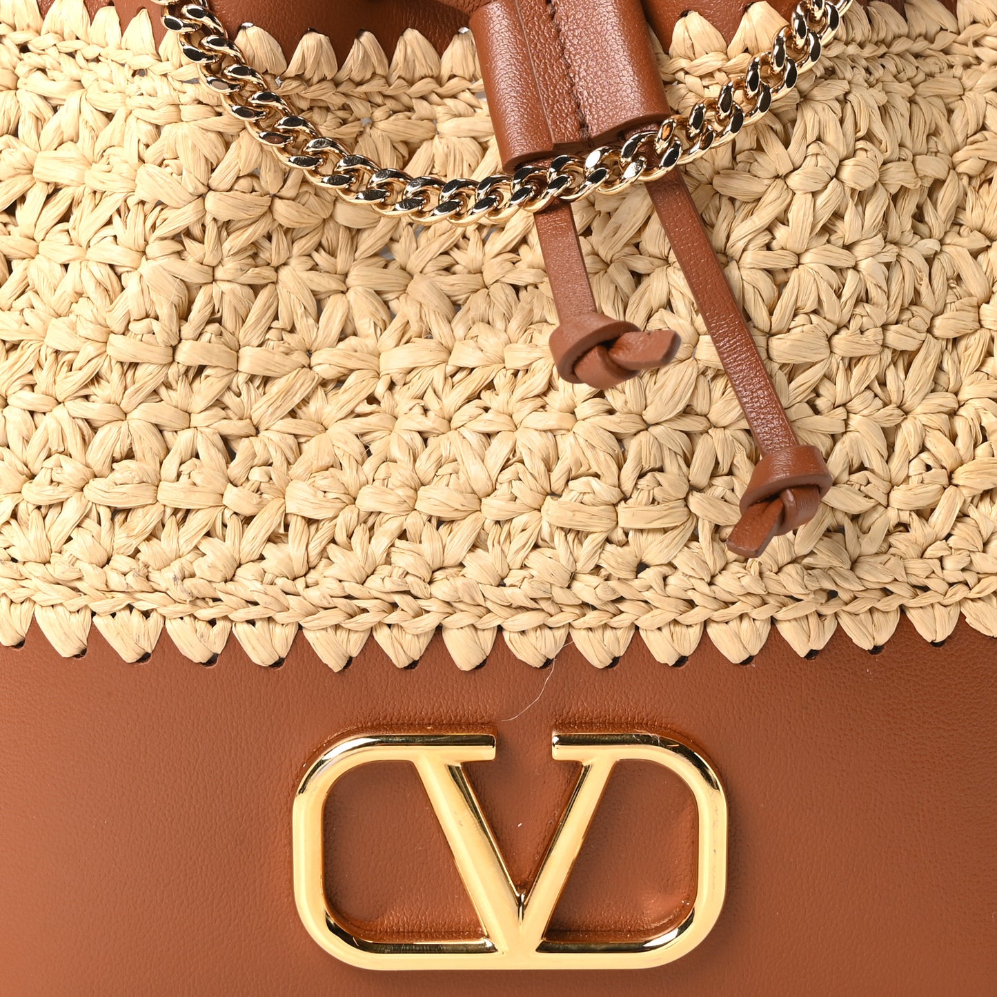 Raffia Crochet Nappa Mini Vlogo Bucket Bag Natural Brown