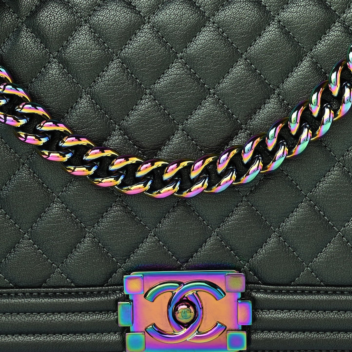 Iridescent Goatskin Quilted New Medium Boy Flap Green