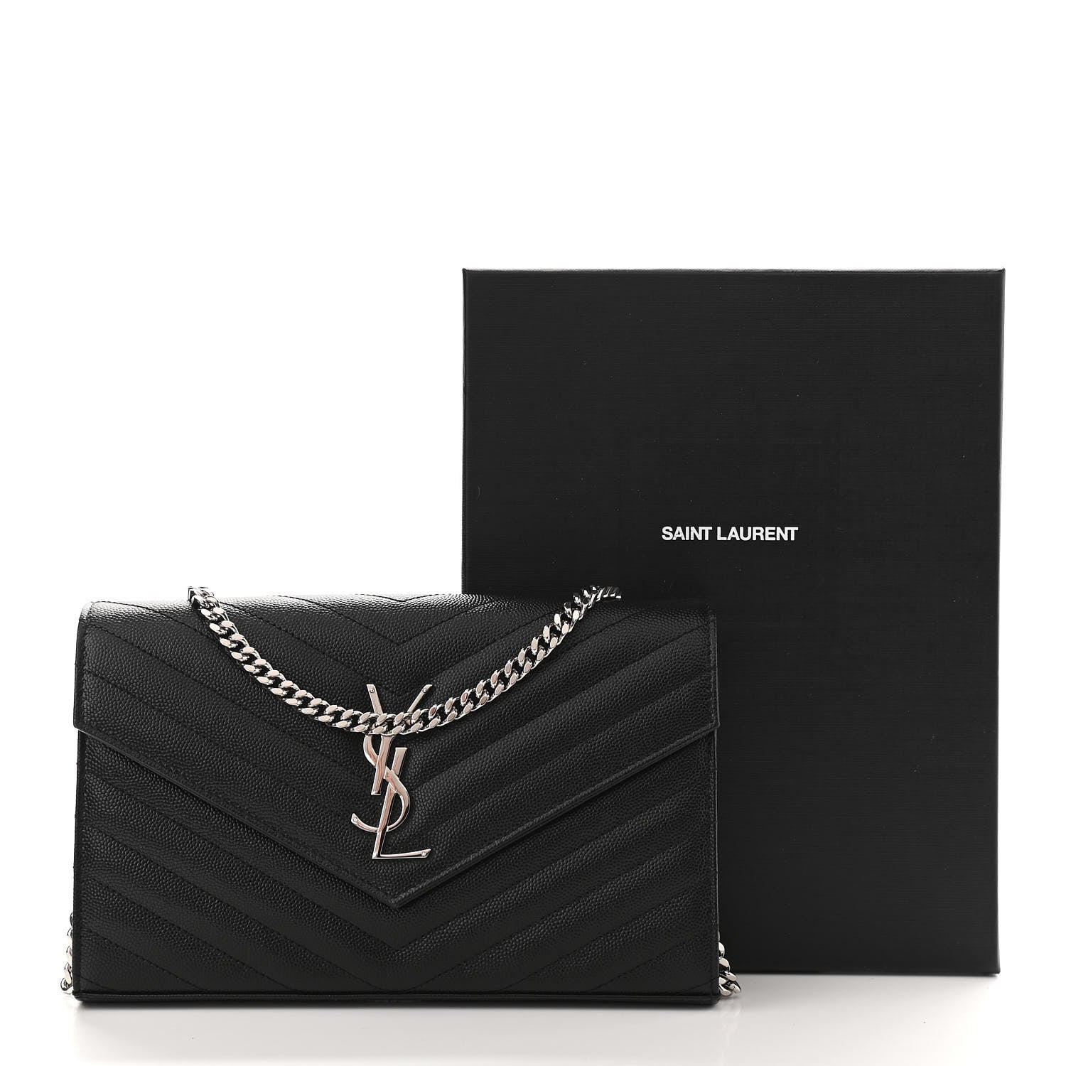 Saint Laurent Grain De Poudre Matelasse Chevron Monogram Chain Wallet Black 10 of 10