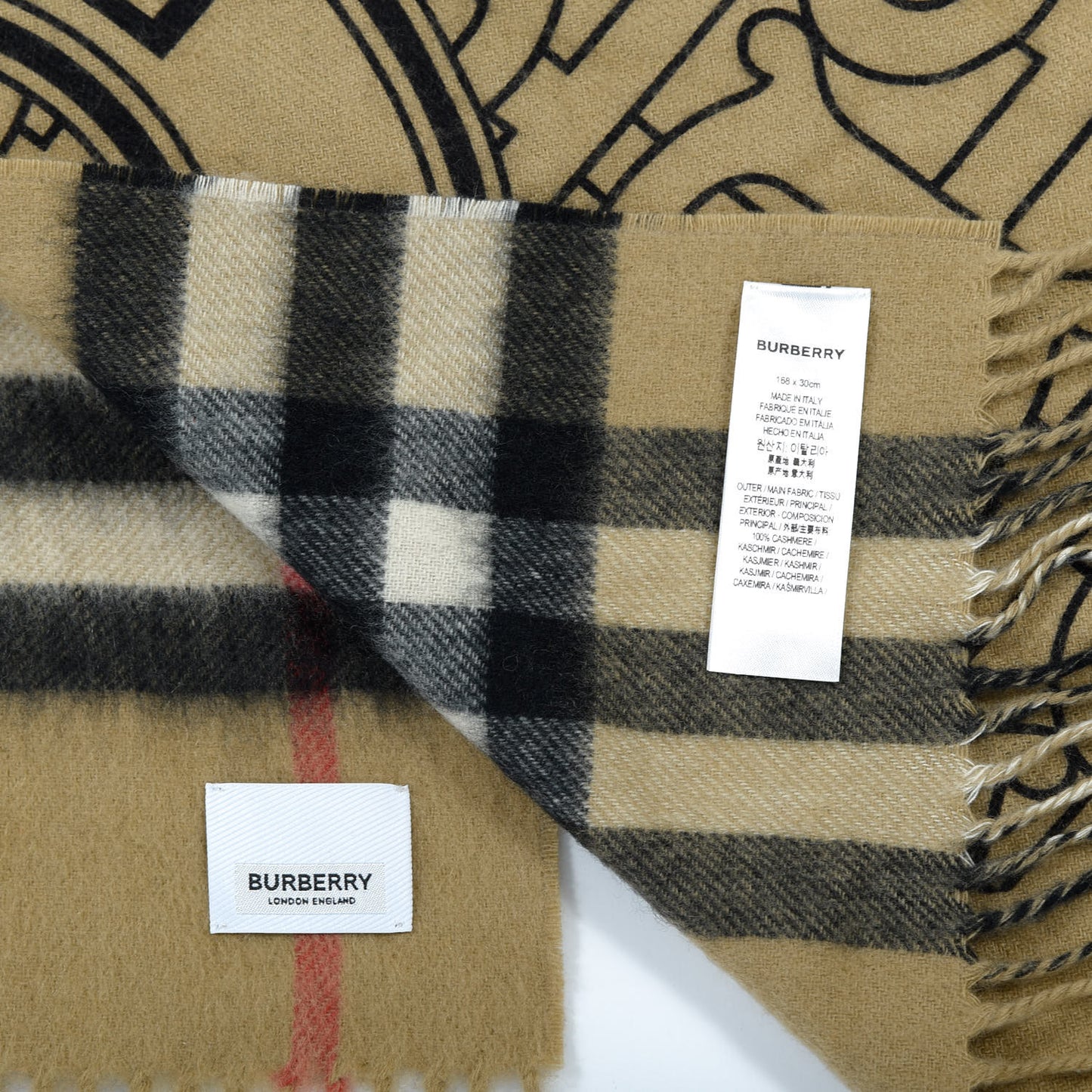 Cashmere Giant Check Monogram Reversible Fringe Scarf Archive Beige