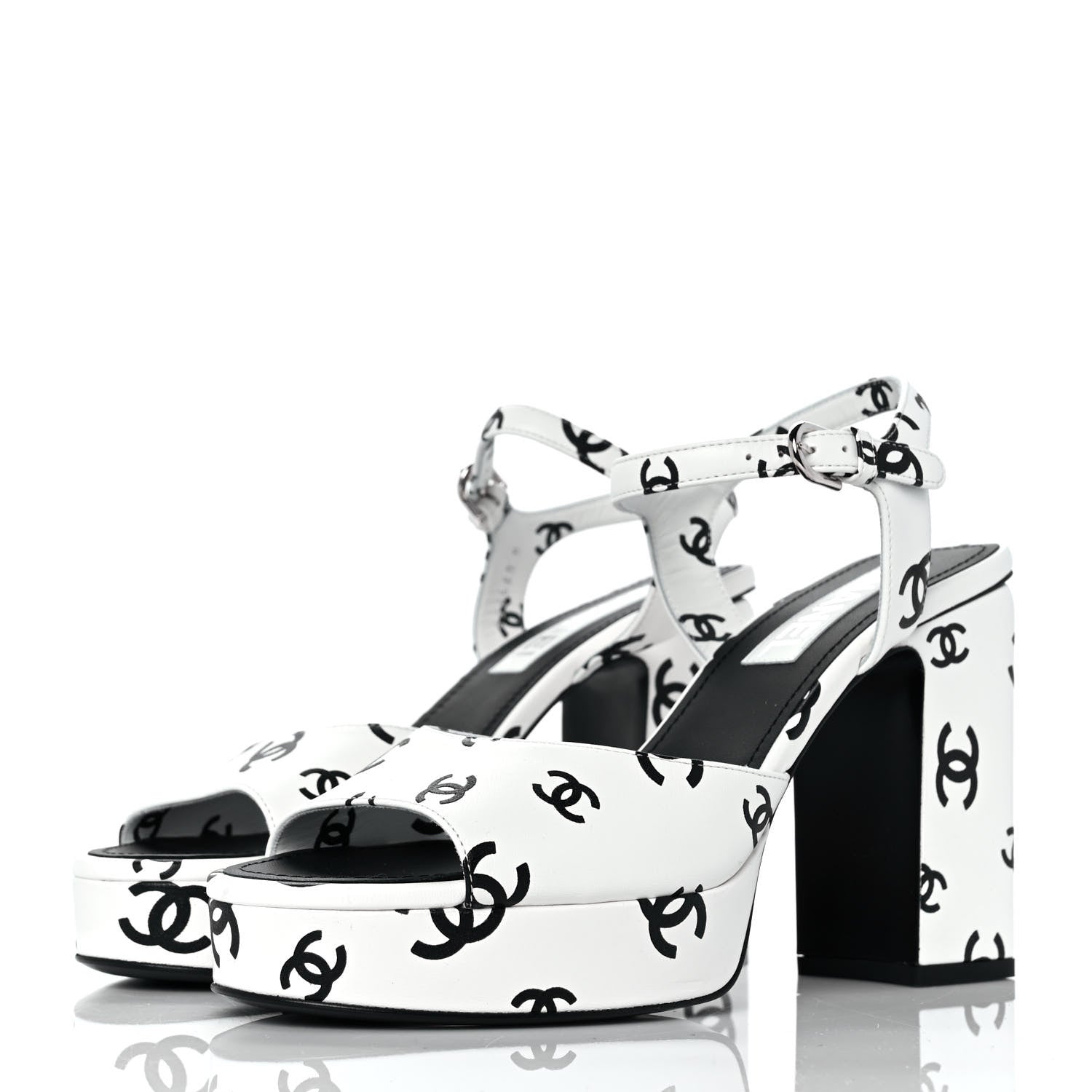 Chanel Printed Lambskin Coco Beach Platform Sandals 40 White Black 3 of 9