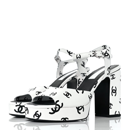 Chanel Printed Lambskin Coco Beach Platform Sandals 40 White Black 3 of 9