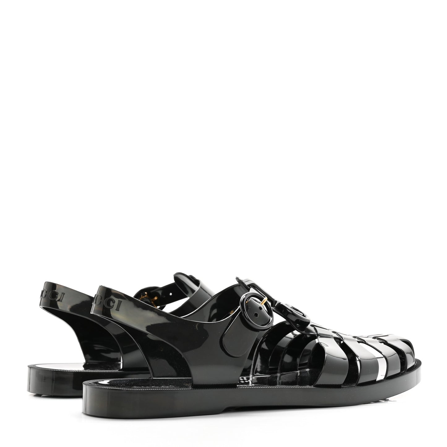 Shiny Rubber Double G Buckle Strap Sandals 10 Black